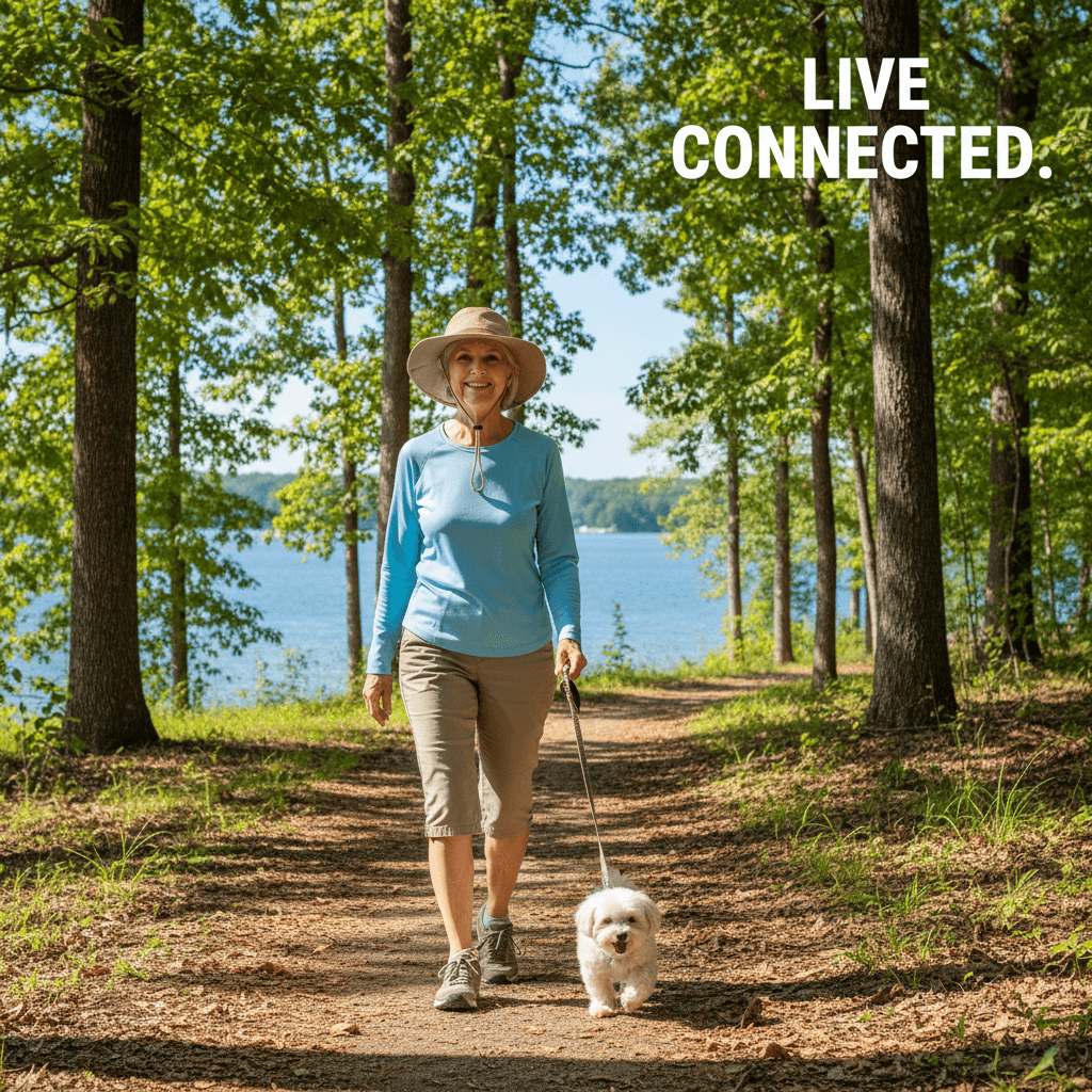 Active senior woman walking her dog on a lakeside trail with hearing aid