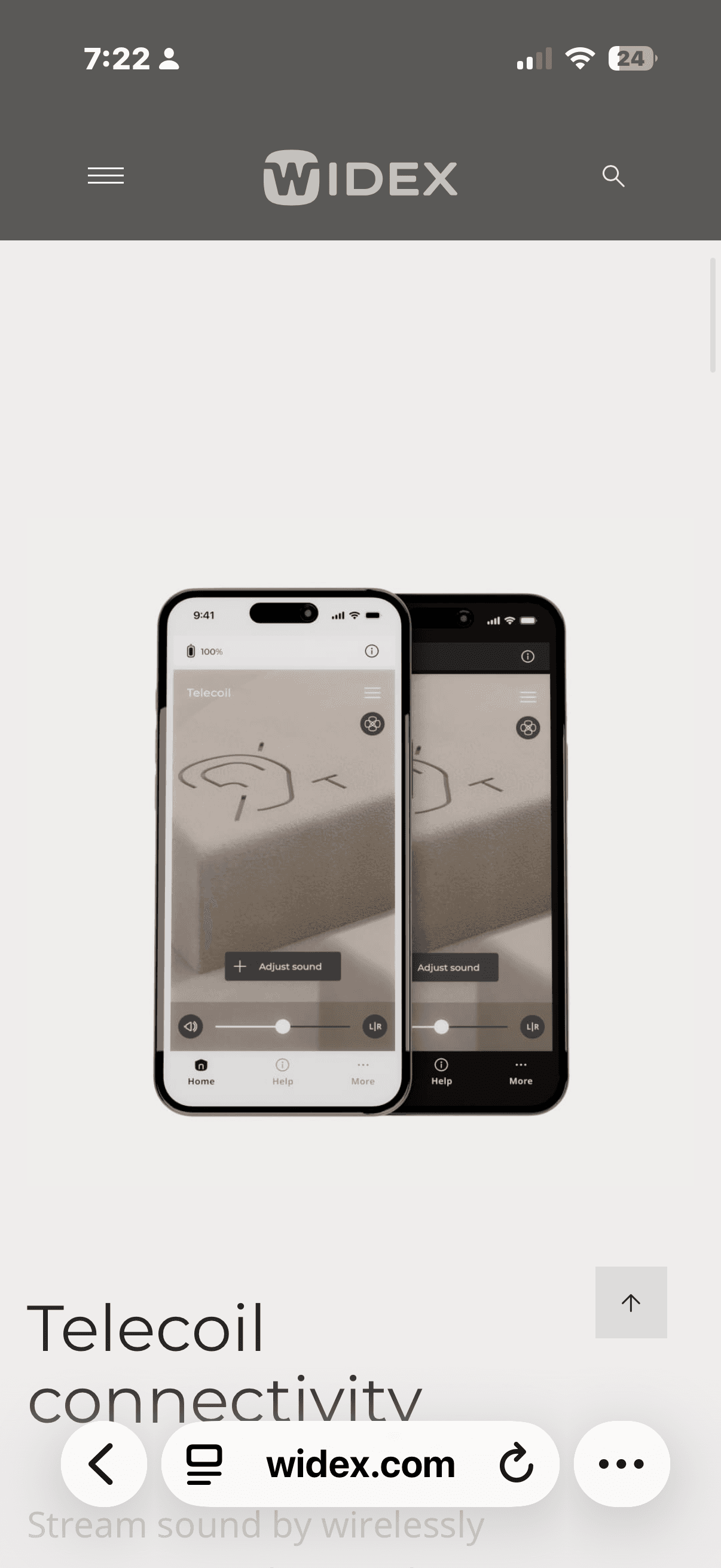 Two smartphones displaying the Widex app interface for telecoil connectivity and sound adjustment controls.